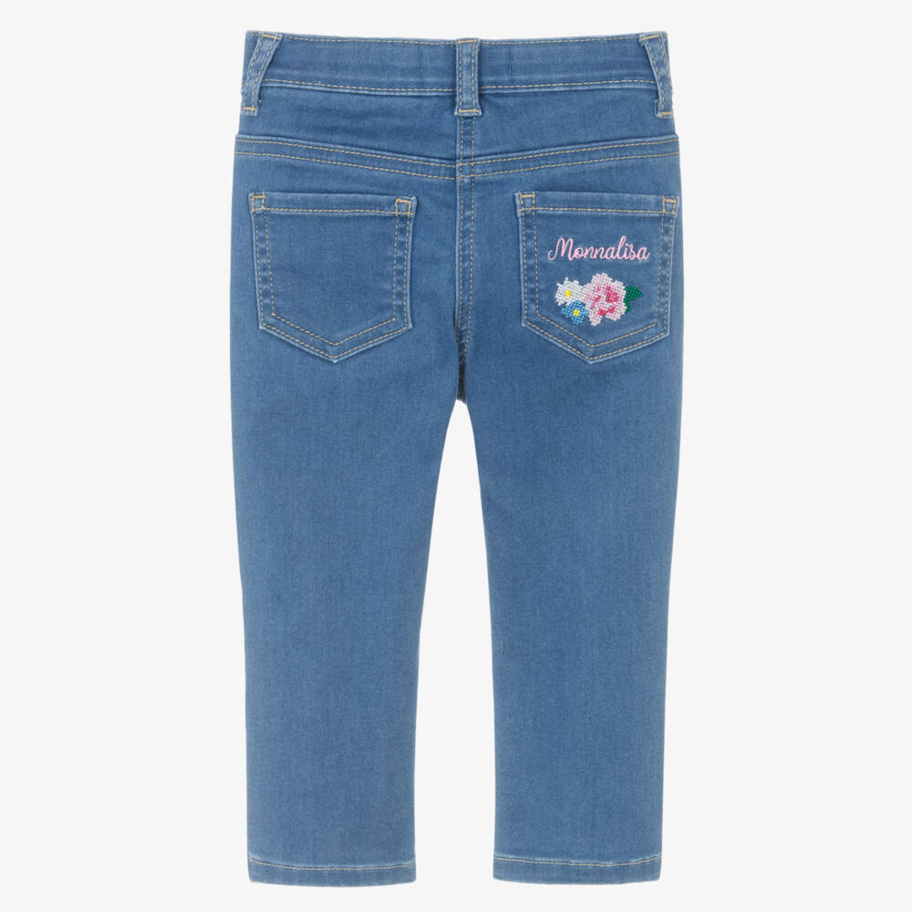 Monnalisa-Girls Blue Jeans with Floral Cross Stitch Embroidery | Childrensalon Outlet