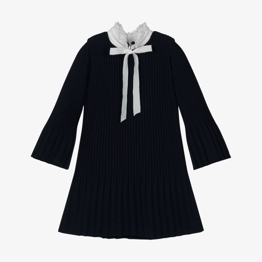 Monnalisa-فستان كحلي مطوي للبنات مع ياقة | Childrensalon Outlet