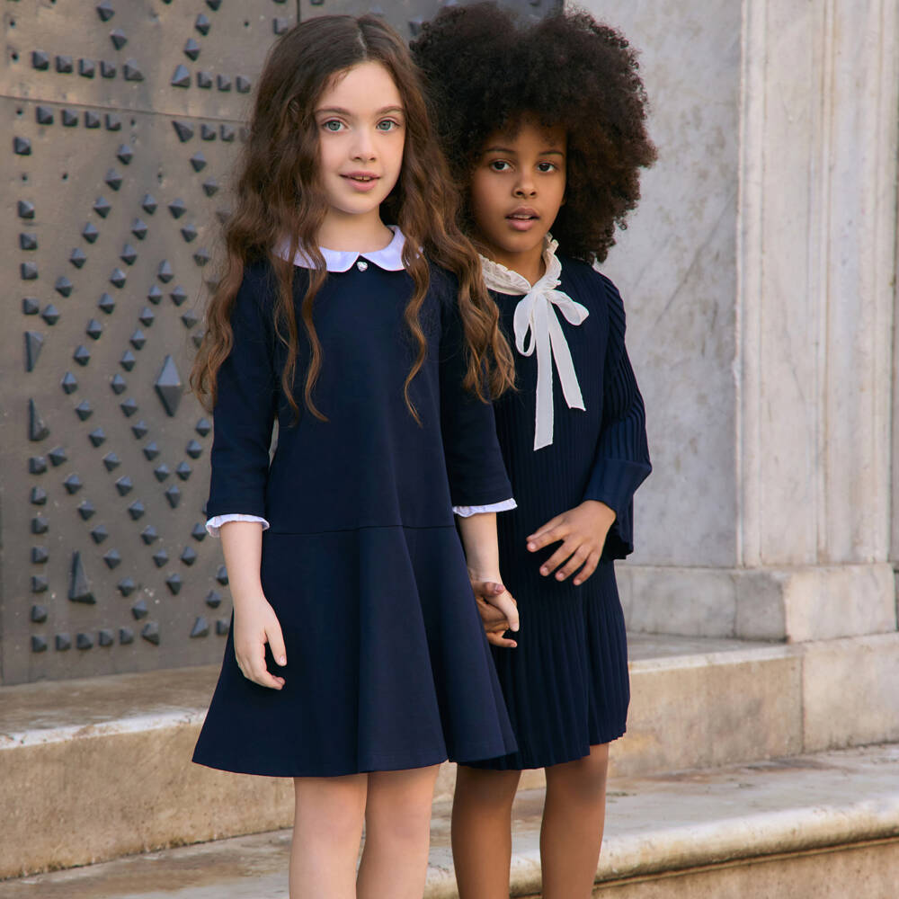 Monnalisa-فستان كحلي مطوي للبنات مع ياقة | Childrensalon Outlet