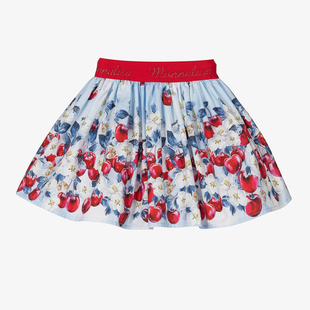 Monnalisa - Girls Blue & Red Cotton Cherry Print Skirt | Childrensalon