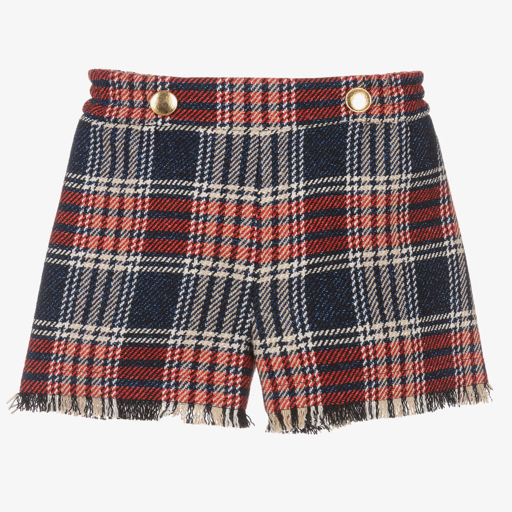 Monnalisa - Girls Blue & Red Tartan Shorts | Childrensalon