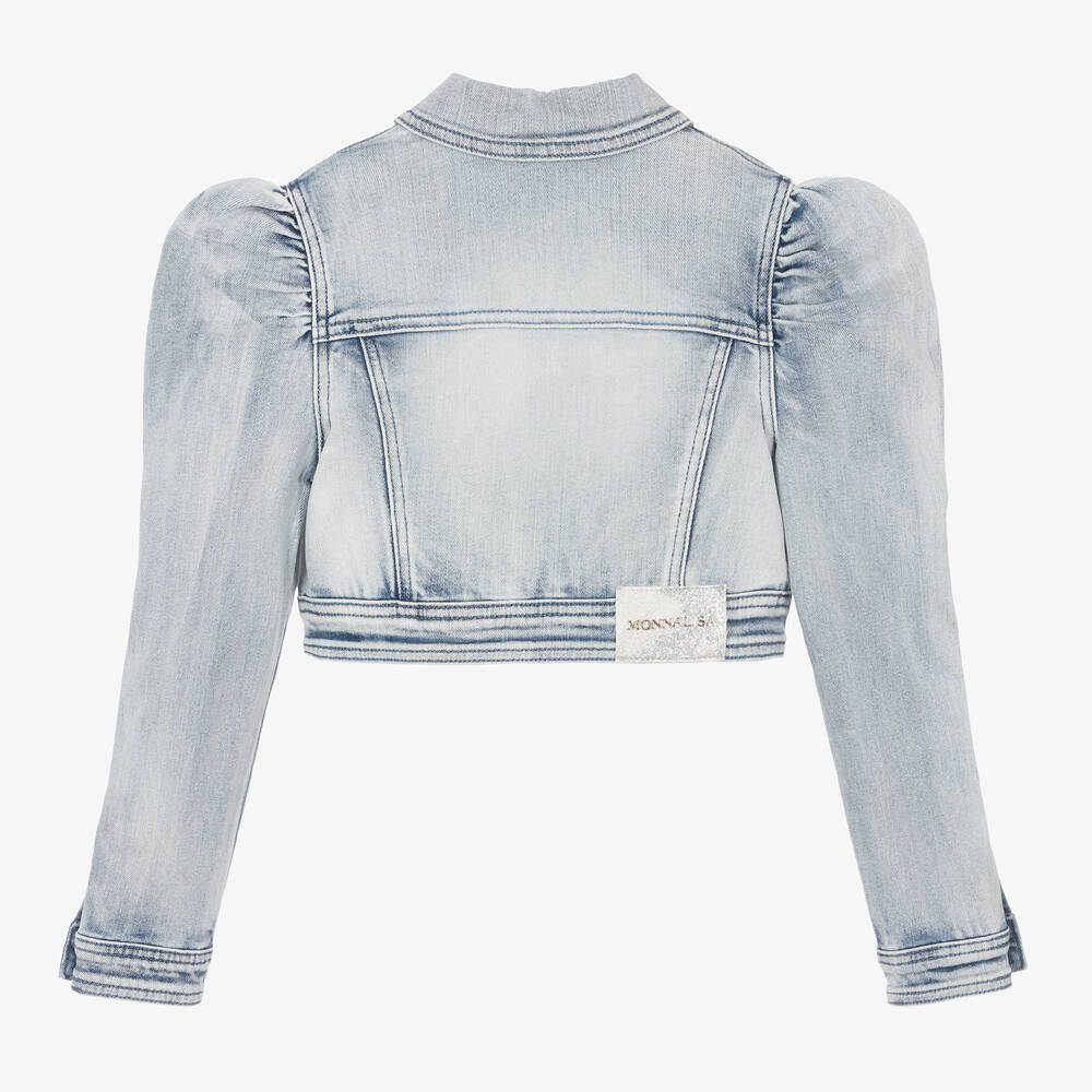 Monnalisa-Girls Blue Rhinestone Cropped Denim Jacket | Childrensalon Outlet