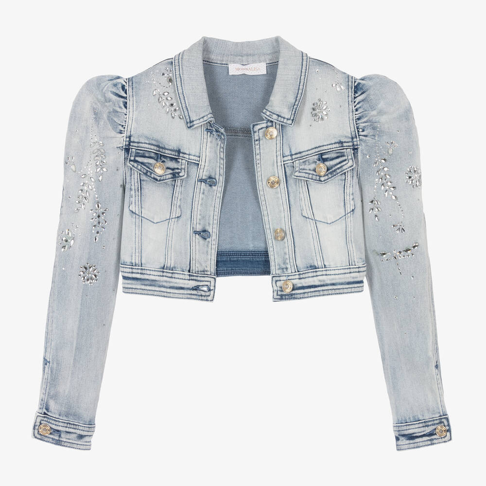 Monnalisa Girls Blue Rhinestone Cropped Denim Jacket
