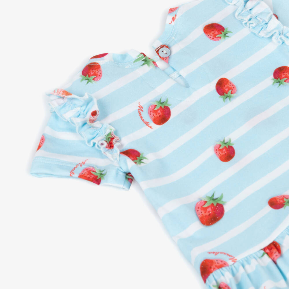 Monnalisa-Girls Blue Striped Cotton Strawberry Dress | Childrensalon Outlet