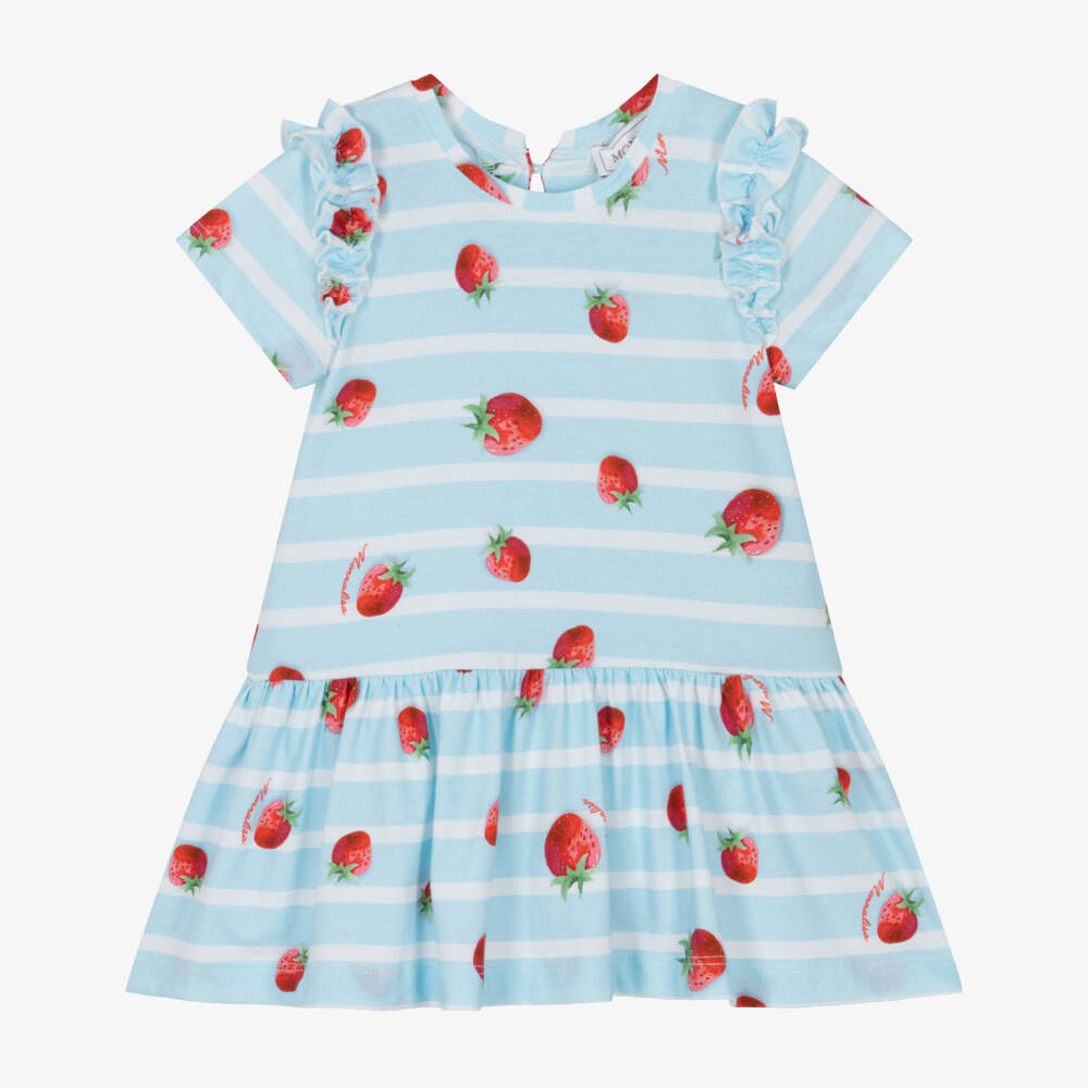 Monnalisa-Girls Blue Striped Cotton Strawberry Dress | Childrensalon Outlet