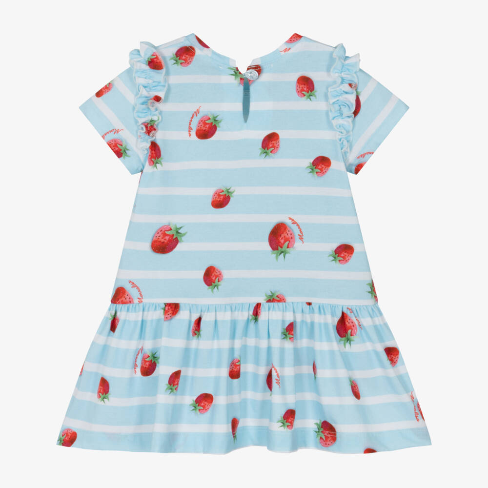 Monnalisa-Girls Blue Striped Cotton Strawberry Dress | Childrensalon Outlet