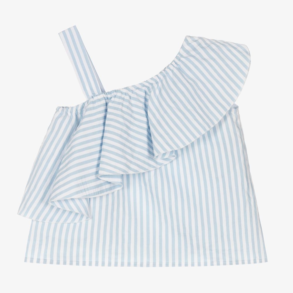 Monnalisa - Girls Blue Striped Cotton Top | Childrensalon
