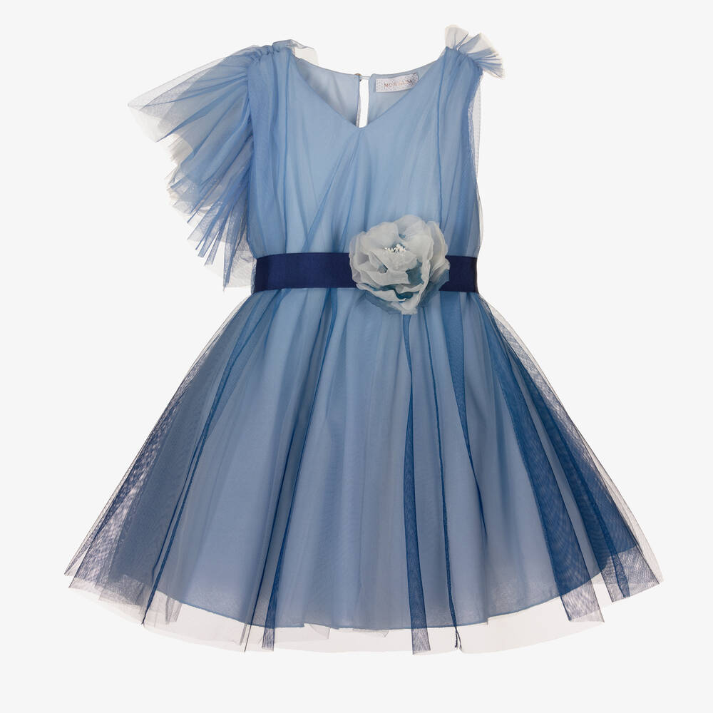Monnalisa Chic - Girls Blue Tulle Ruffle Dress | Childrensalon