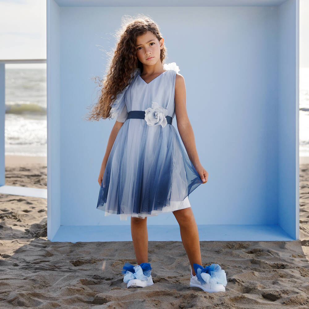 Monnalisa Chic Girls Blue Tulle Ruffle Dress Childrensalon Outlet