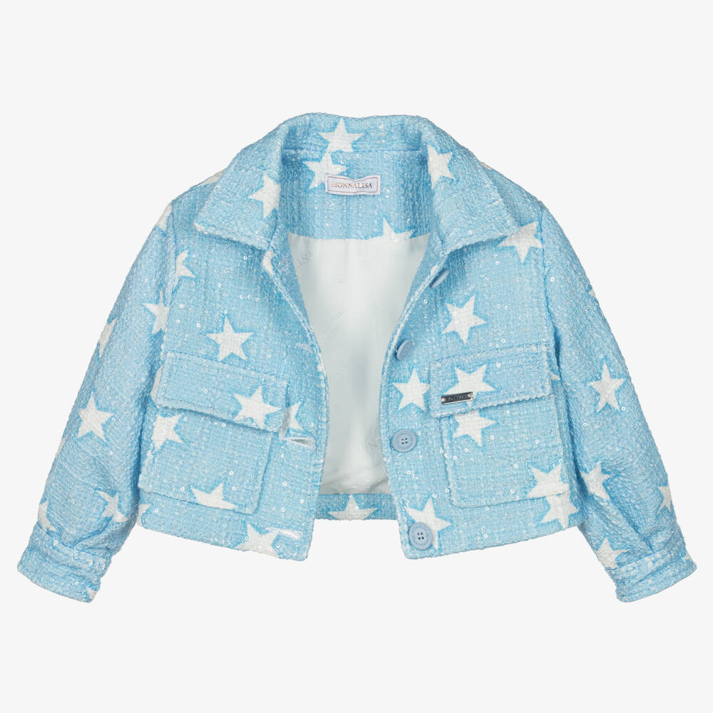 Monnalisa-Girls Blue Tweed Sequin Stars Jacket | Childrensalon Outlet