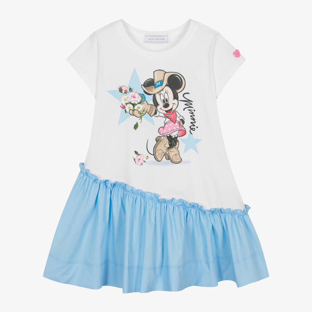 Monnalisa-فستان بطبعة ديزني قطن لون أزرق وأبيض | Childrensalon Outlet