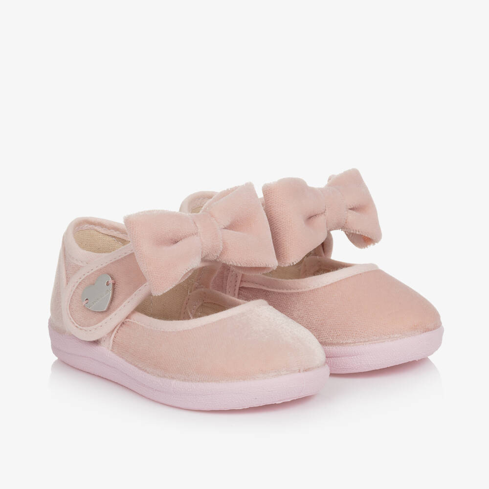 Monnalisa-Girls Blush Velvet Bow Flats | Childrensalon Outlet
