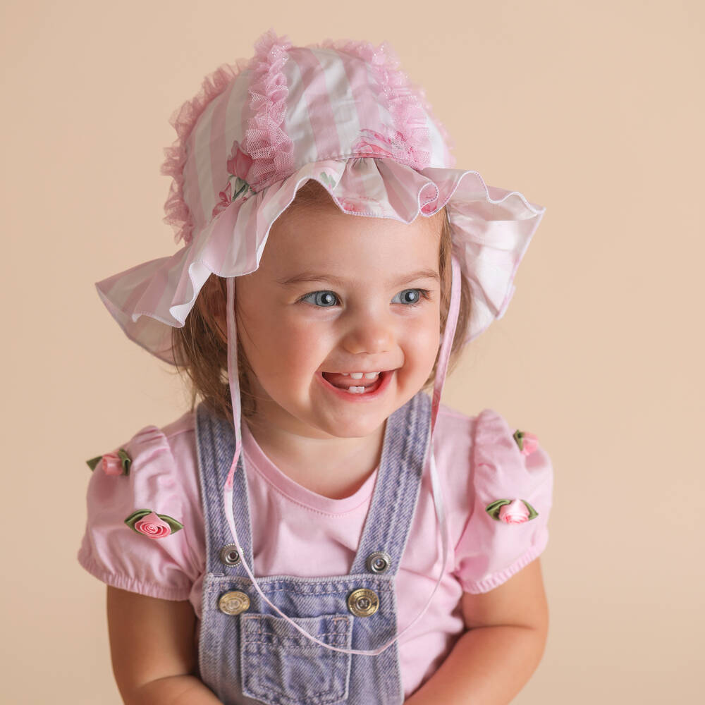 Monnalisa-Girls Blush Woven Striped Sun Bonnet | Childrensalon Outlet