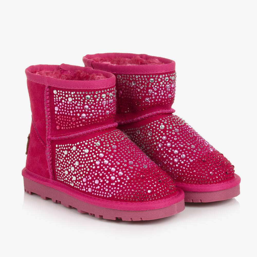 Monnalisa - Girls Bright Pink Diamanté Suede Boots | Childrensalon