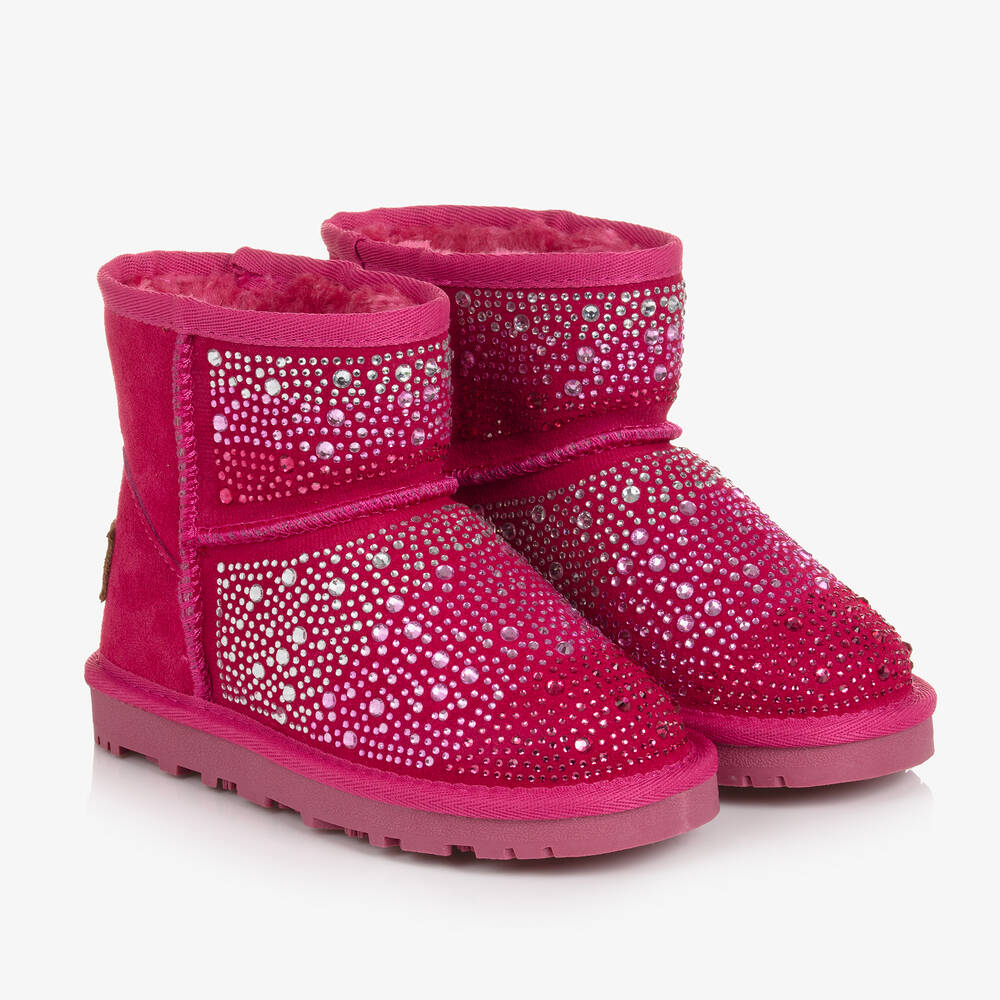 Monnalisa-Girls Bright Pink Diamanté Suede Boots | Childrensalon Outlet