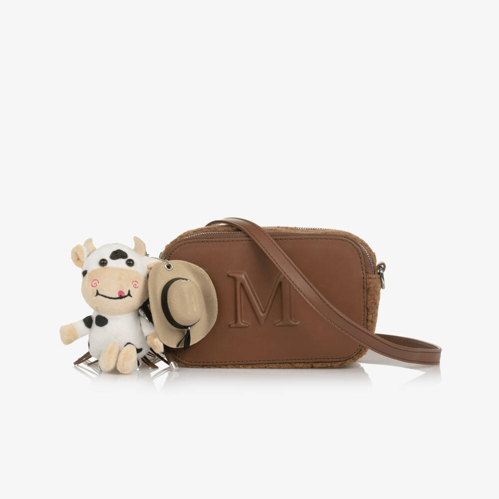 Monnalisa-Girls Brown Faux Leather Shoulder Bag with Cow Charm (20cm) | Childrensalon Outlet