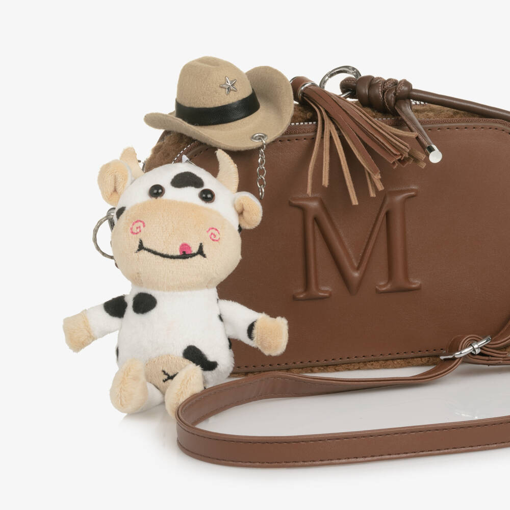 Monnalisa-Girls Brown Faux Leather Shoulder Bag with Cow Charm (20cm) | Childrensalon Outlet