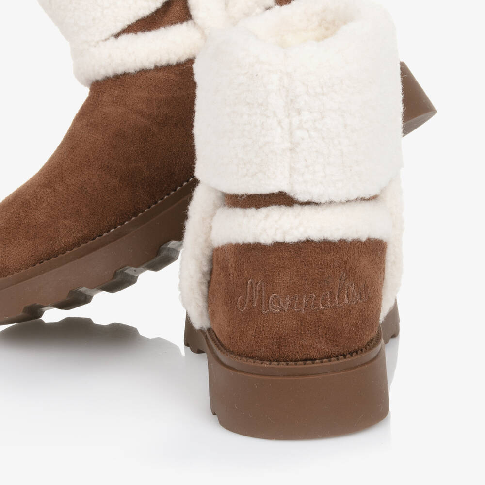 Monnalisa-Girls Brown Faux Suede & Sherpa Fleece Boots | Childrensalon Outlet