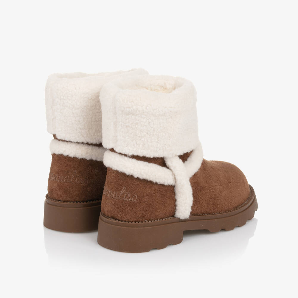 Monnalisa-Girls Brown Faux Suede & Sherpa Fleece Boots | Childrensalon Outlet