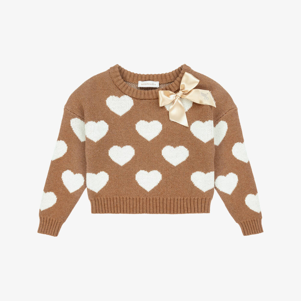 Monnalisa-Girls Brown & Ivory Heart Knitted Wool Sweater | Childrensalon Outlet