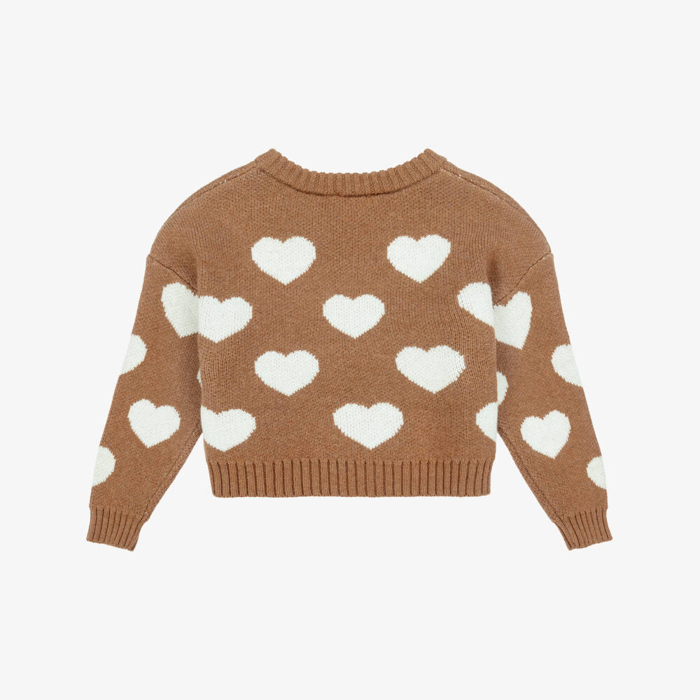 Monnalisa-Свитер кремовый с коричневыми сердцами для девочек | Childrensalon Outlet