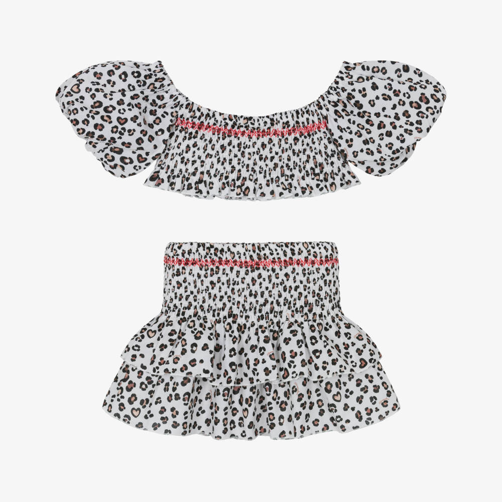 Monnalisa-Girls Brown Leopard Cotton Skirt Ensemble | Childrensalon Outlet