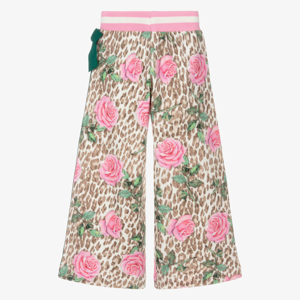 Monnalisa-Girls Brown Leopard Print Cotton Joggers with Pink Roses | Childrensalon Outlet