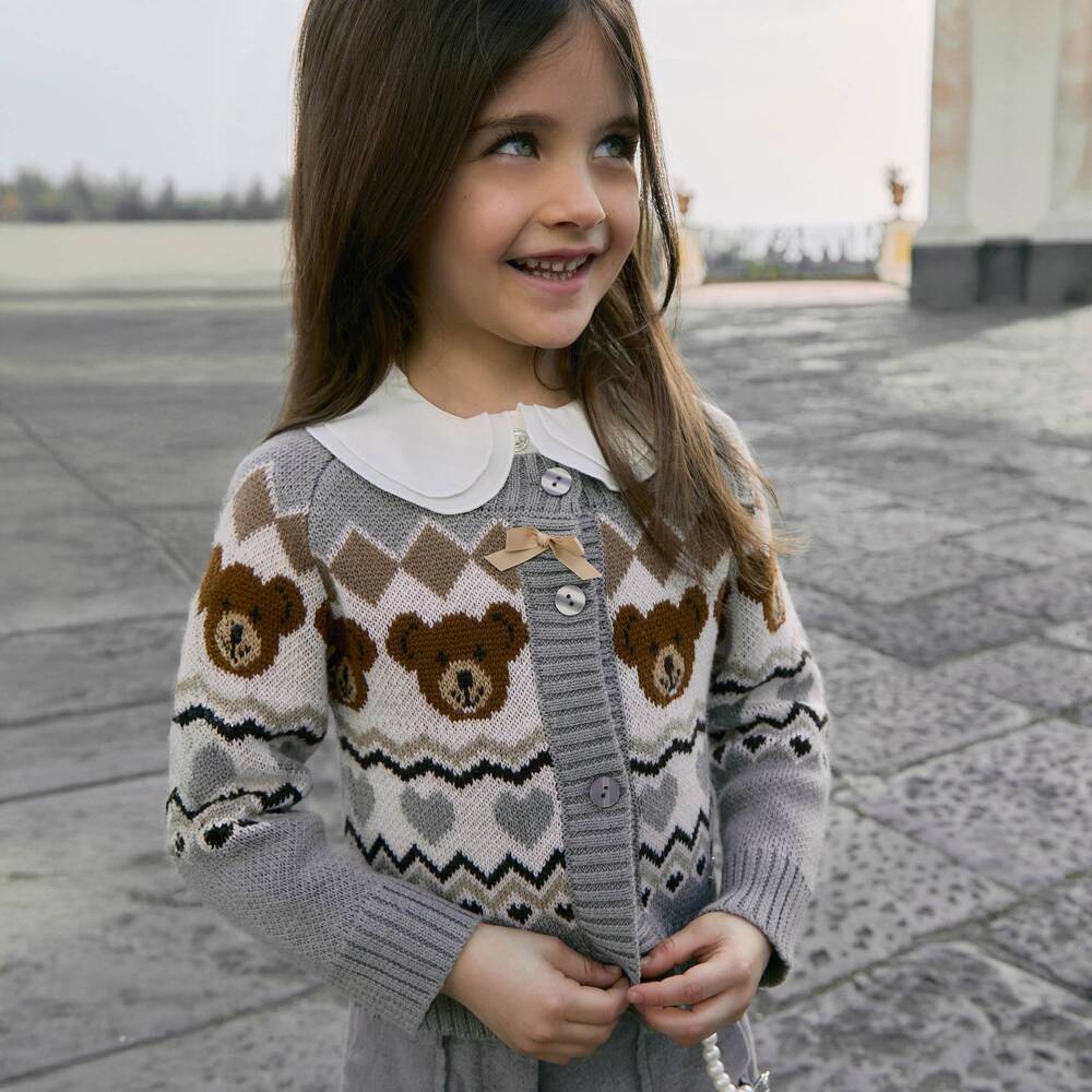 Monnalisa-Girls Charcoal Bear Knit Cardigan | Childrensalon Outlet