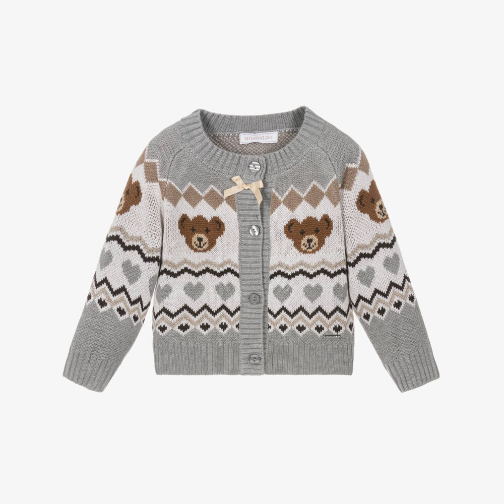 Monnalisa-Girls Charcoal Bear Knit Cardigan | Childrensalon Outlet