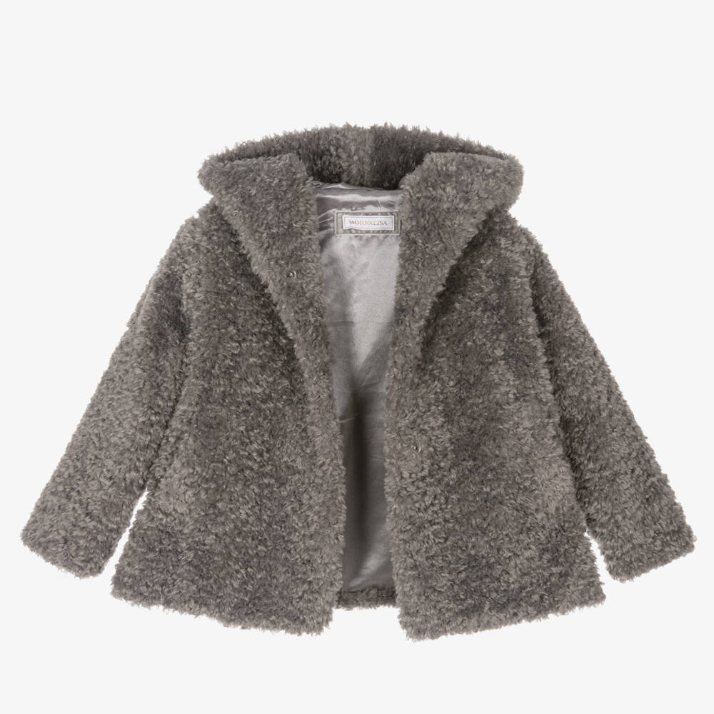 Monnalisa-Girls Charcoal Hooded Fluffy Jacket | Childrensalon Outlet