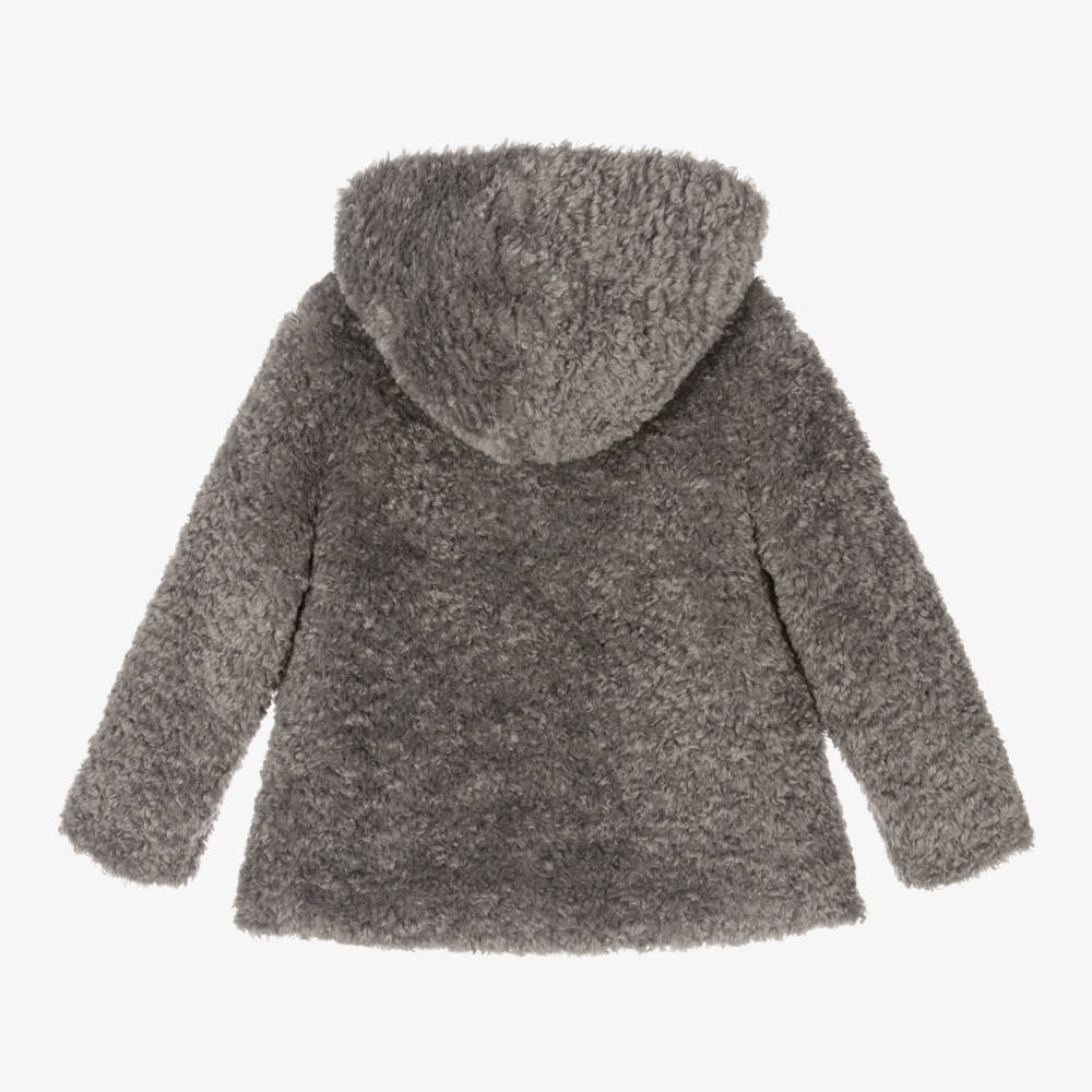 Monnalisa-Girls Charcoal Hooded Fluffy Jacket | Childrensalon Outlet