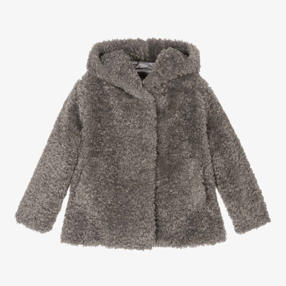 Monnalisa-Girls Charcoal Hooded Fluffy Jacket | Childrensalon Outlet