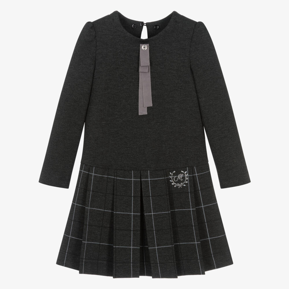Monnalisa-Girls Charcoal Plaid Collar Dress | Childrensalon Outlet