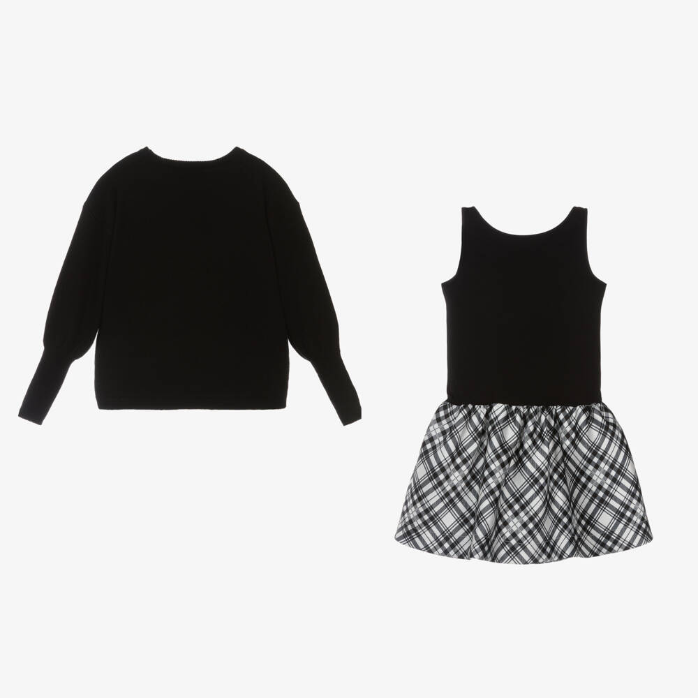 Monnalisa-طقم فستان كاروهات لون أسود وأبيض | Childrensalon Outlet