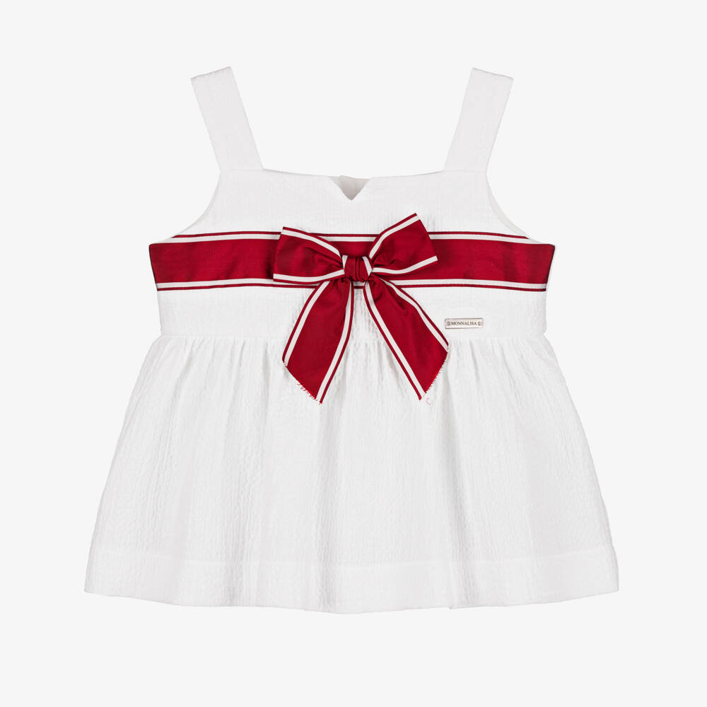 Monnalisa-بلوزة قطنية للبنات مع فيونكة حمراء | Childrensalon Outlet