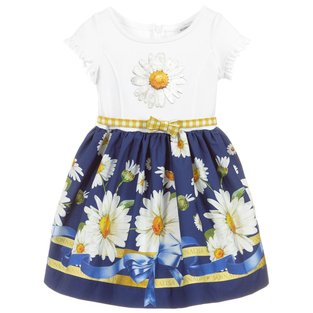 Monnalisa - فستان لون أزرق و أبيض بطبعة ديزي  | Childrensalon