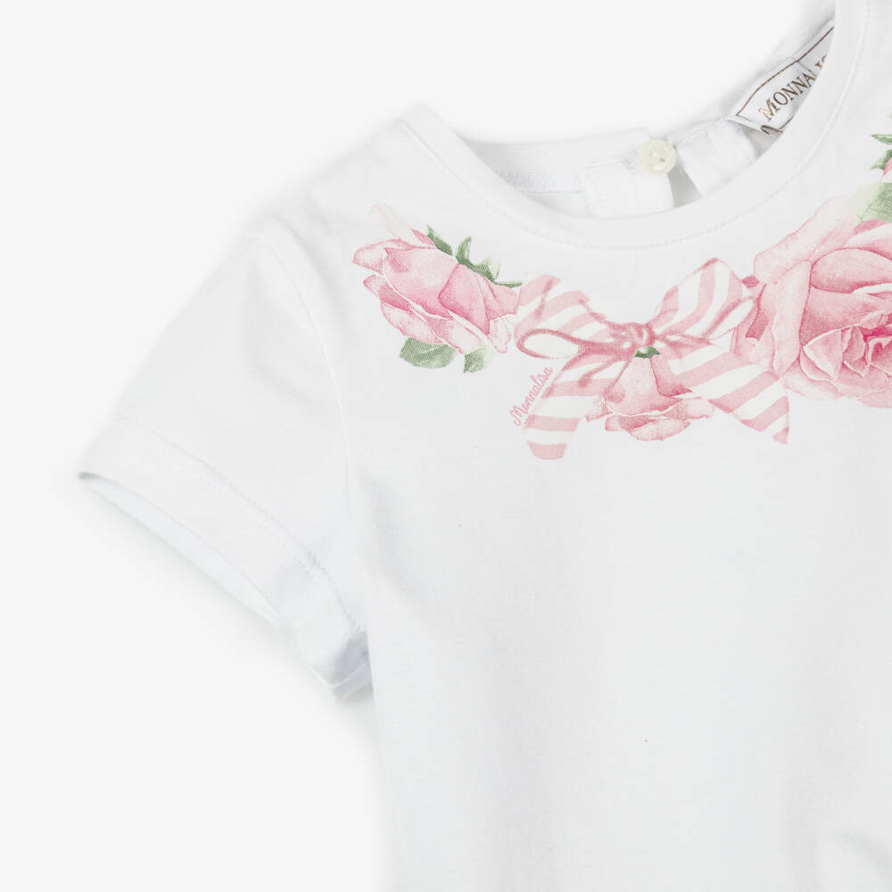 Monnalisa-Girls Cotton Tee with Floral Charm | Childrensalon Outlet