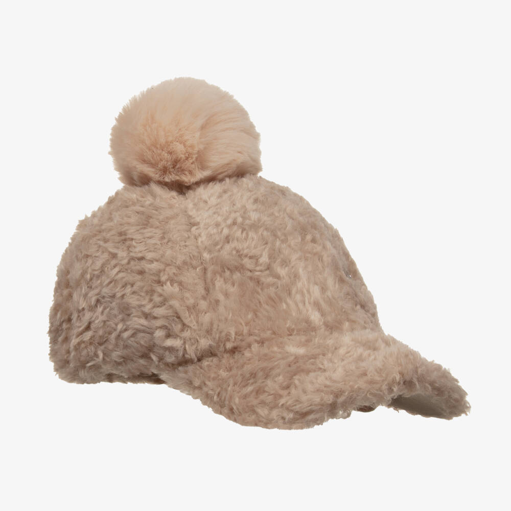 Monnalisa-قبعة صوفية دافئة للبنات بلون البيج مع كرات زينة | Childrensalon Outlet