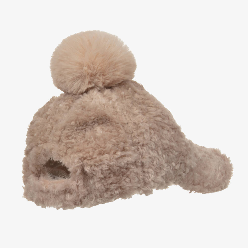 Monnalisa-Girls Cozy Beige Fleece Pom Hat | Childrensalon Outlet