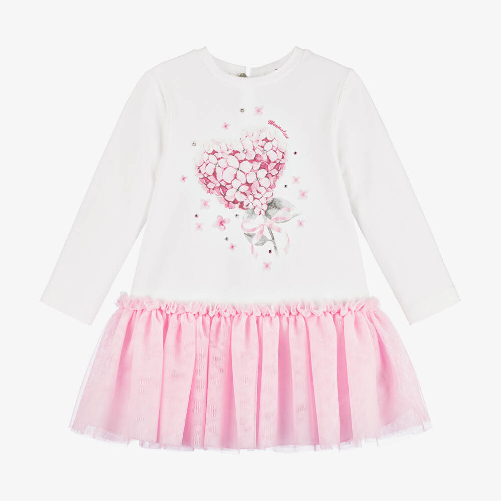 Monnalisa-Girls Cream Jersey & Blush Tulle Dress | Childrensalon Outlet