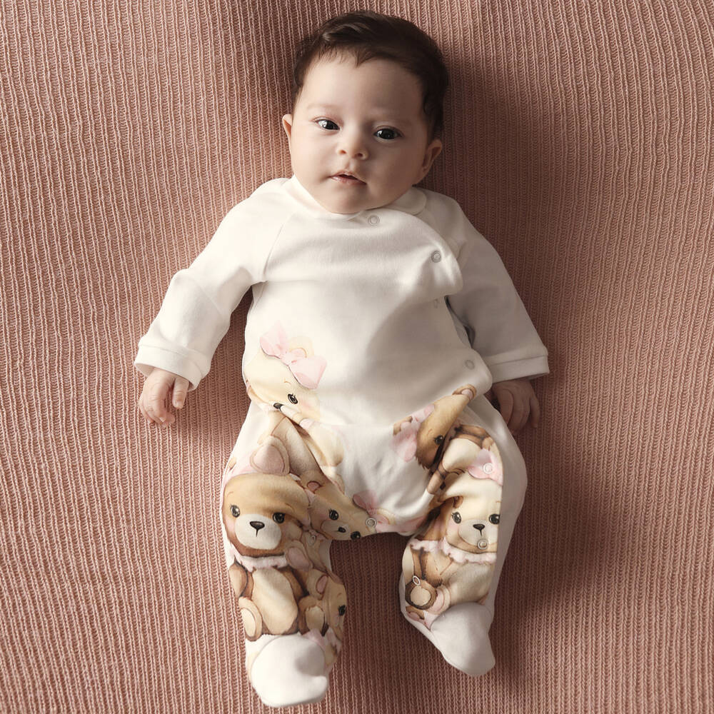 Monnalisa-Girls Cream Teddy Cotton Sleepsuit | Childrensalon Outlet