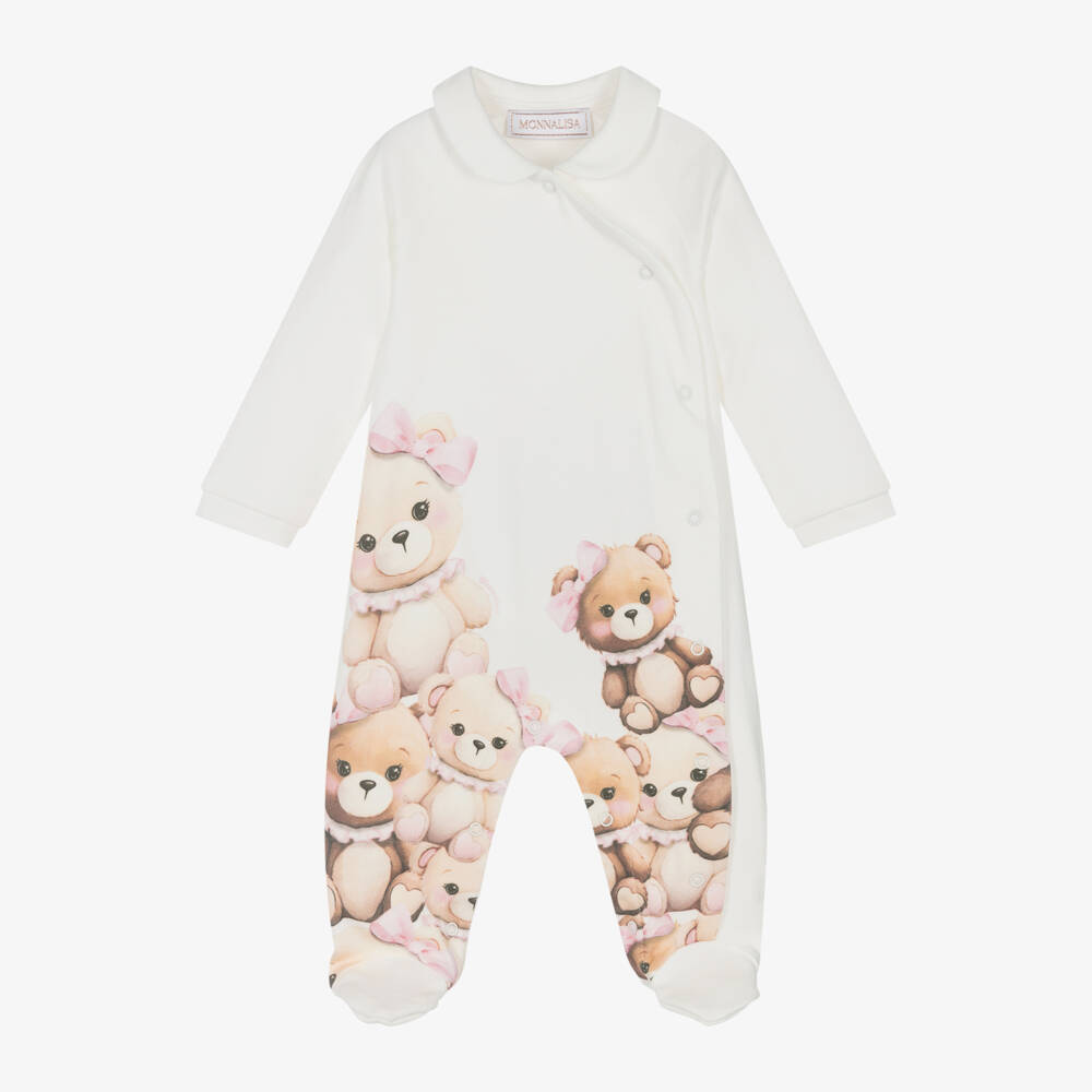 Monnalisa-Girls Cream Teddy Cotton Sleepsuit | Childrensalon Outlet