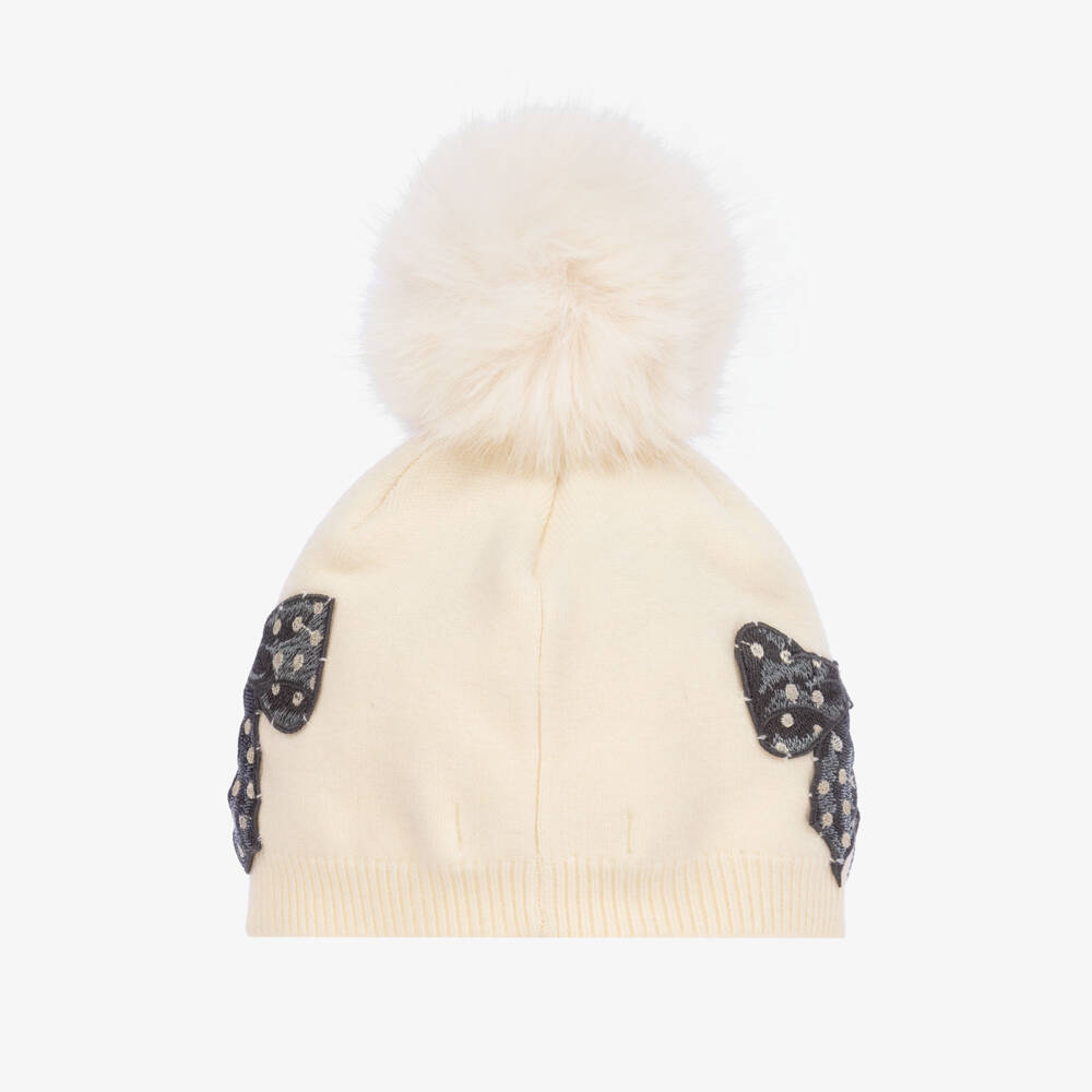Monnalisa-Girls Creamy Knit Bow Pom Hat | Childrensalon Outlet