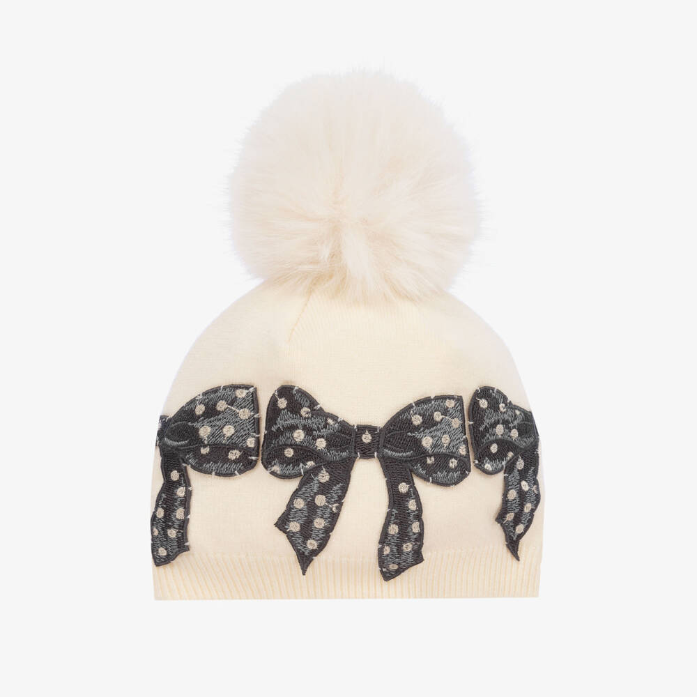 Monnalisa-Girls Creamy Knit Bow Pom Hat | Childrensalon Outlet