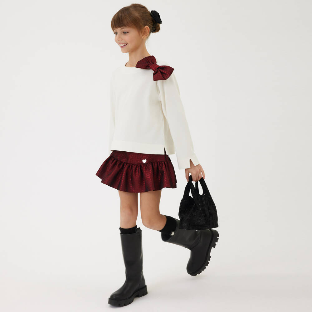 Monnalisa-Girls Crimson Satin Patterned Skirt | Childrensalon Outlet