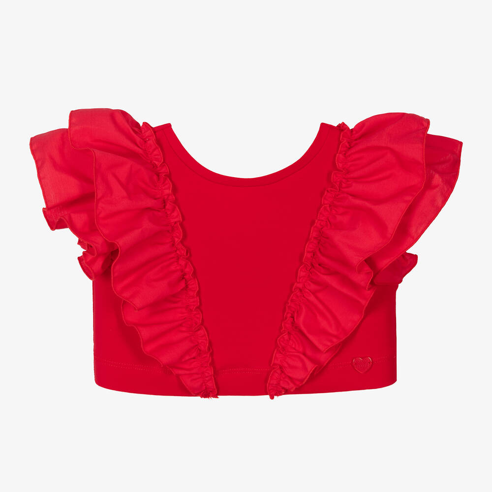 Monnalisa - Girls Cropped Red Frill T-Shirt | Childrensalon