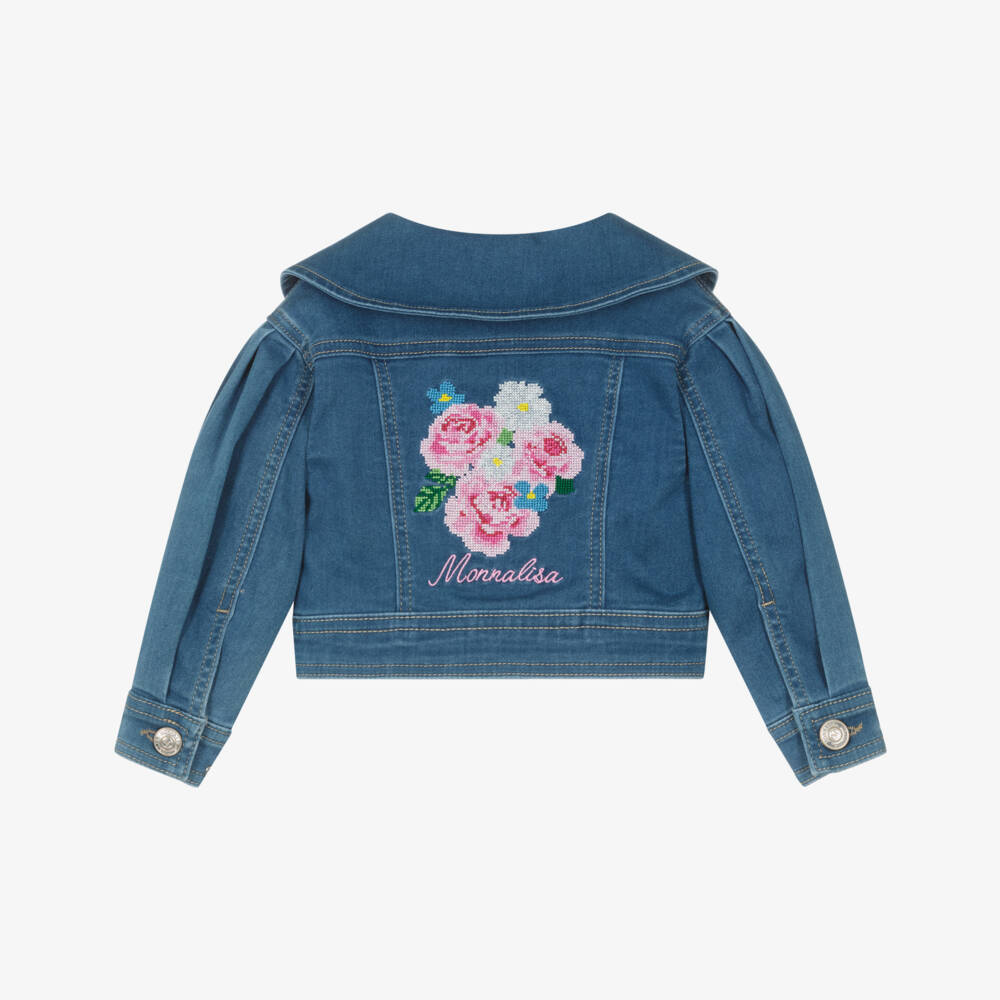 Monnalisa-Girls Denim-Blue Jacket with Cross Stitch Embroidery | Childrensalon Outlet