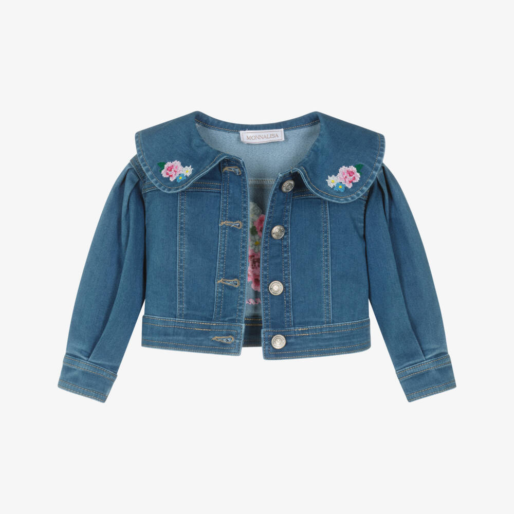Monnalisa-Girls Denim-Blue Jacket with Cross Stitch Embroidery | Childrensalon Outlet