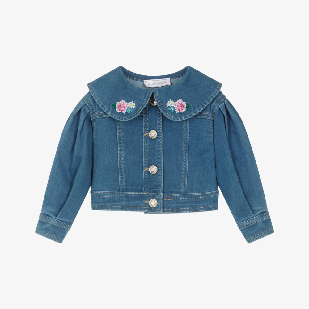 Monnalisa-Girls Denim-Blue Jacket with Cross Stitch Embroidery | Childrensalon Outlet