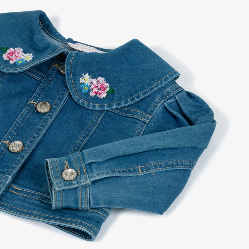 Monnalisa-Girls Denim-Blue Jacket with Cross Stitch Embroidery | Childrensalon Outlet